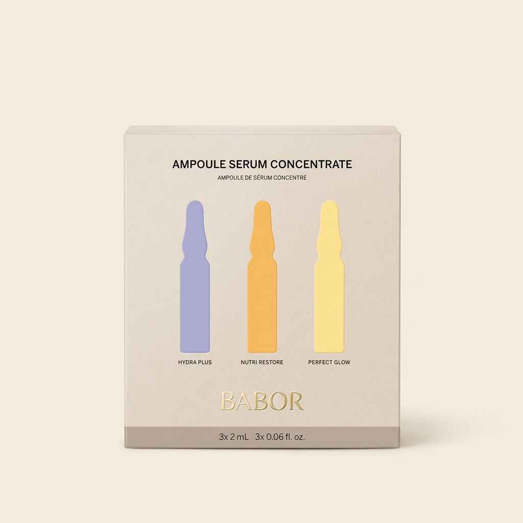 BABOR Ampoule Serum Concentrate Geschenkset mit Hydra Plus, Nutri Restore und Perfect Glow Ampullen auf elegantem beigem Spa-Hintergrund – hochwertige Feuchtigkeits- und Glow-Ampullen für strahlende Haut.