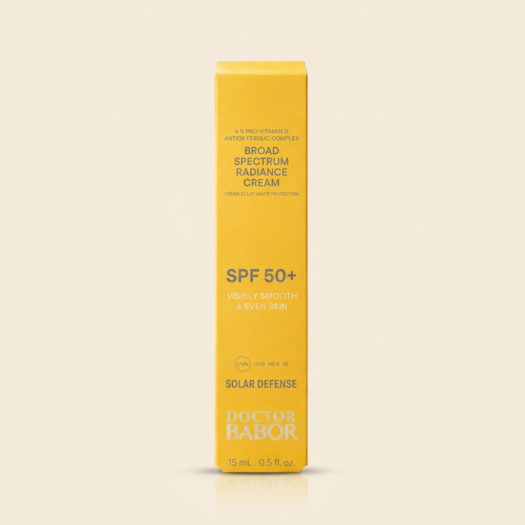 DOCTOR BABOR Solar Defense Broad Spectrum Radiance Cream SPF 50+ auf elegantem beigem Spa-Hintergrund – luxuriöse Anti-Aging Sonnenpflege mit UVA-, UVB-, HEV- und IR-Schutz für glatte und ebenmäßige Haut.