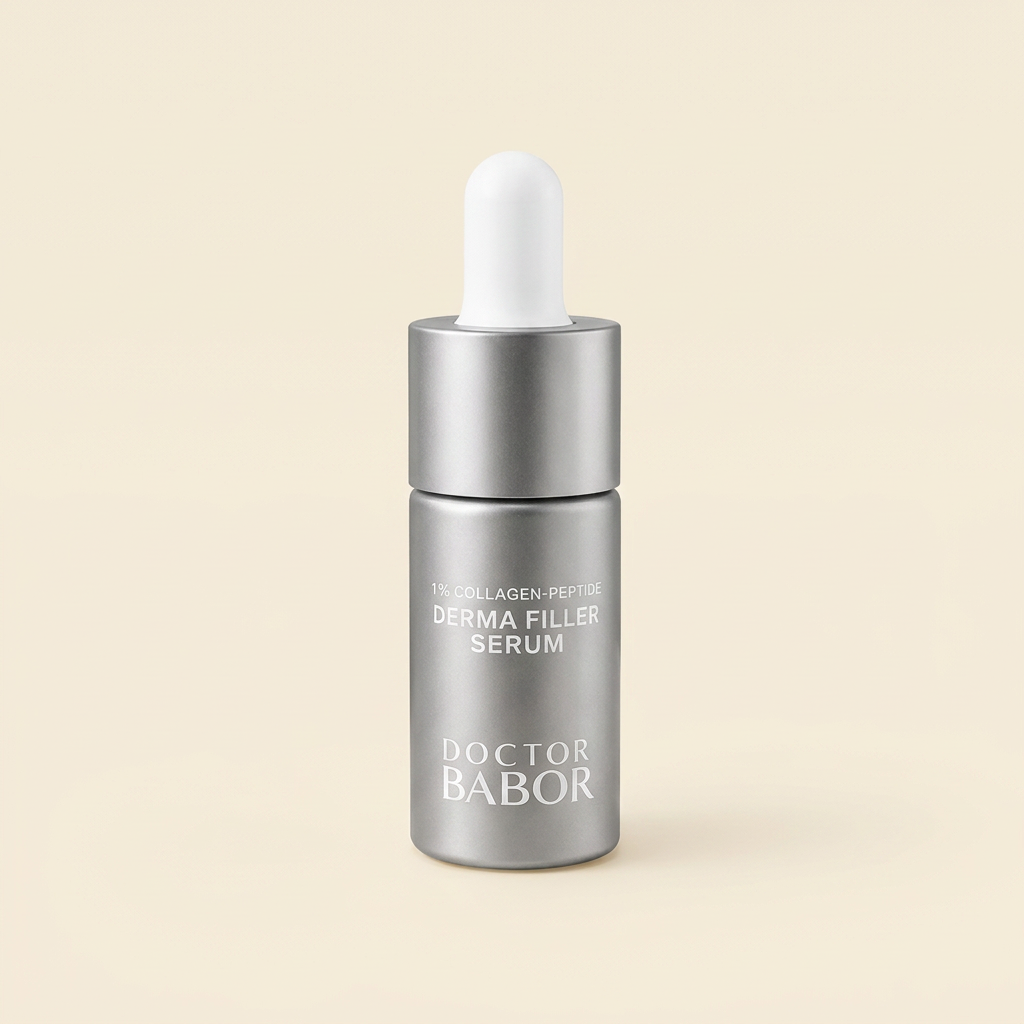 DOCTOR BABOR Derma Filler Serum mit Collagen-Peptide-Komplex auf elegantem beigem Spa-Hintergrund – luxuriöses Anti-Aging Serum zur Unterstützung von Hautelastizität, Feuchtigkeit und sichtbar glatterer Haut.