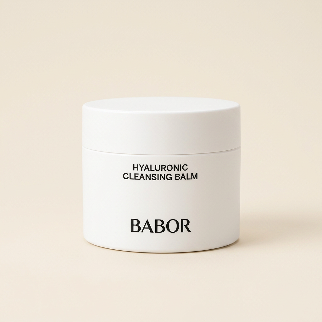 BABOR Hyaluronic Cleansing Balm auf elegantem beigem Spa-Hintergrund – luxuriöser Reinigungsbalsam mit Hyaluronsäure zur sanften Make-up-Entfernung und intensiven Feuchtigkeitsversorgung der Haut.