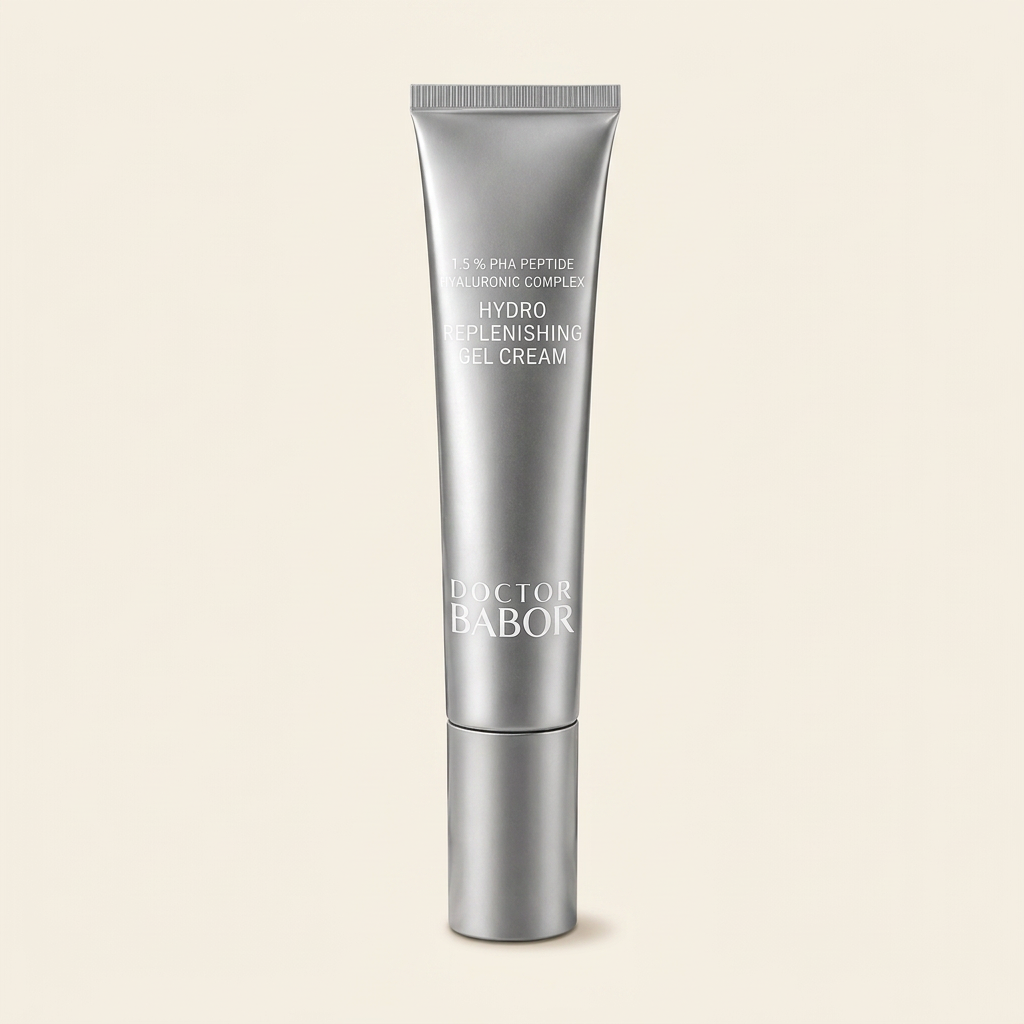 DOCTOR BABOR Hydro Replenishing Gel Cream mit Hyaluronic Complex auf elegantem beigem Spa-Hintergrund – luxuriöse feuchtigkeitsspendende Gel-Creme für pralle, glatte und intensiv hydratisierte Haut.