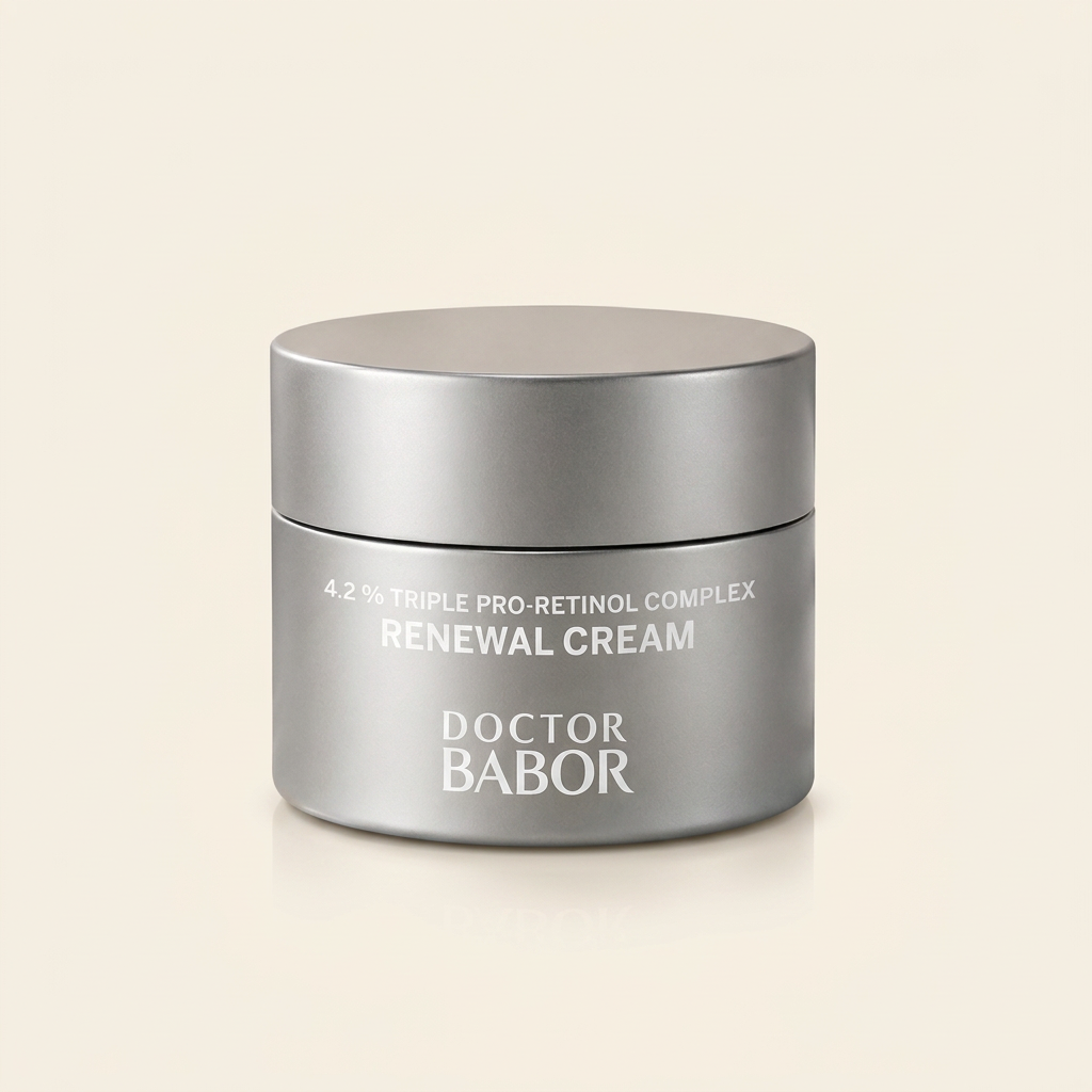 DOCTOR BABOR Renewal Cream mit Triple Pro-Retinol Complex auf elegantem beigem Spa-Hintergrund – luxuriöse Anti-Aging Gesichtscreme zur Unterstützung von Hauterneuerung, glatter Hautstruktur und sichtbar verfeinertem Hautbild.