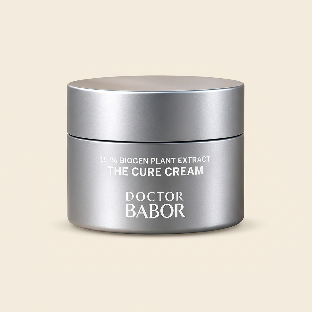 DOCTOR BABOR The Cure Cream mit 15 % Biogen Plant Extract auf elegantem beigem Spa-Hintergrund – luxuriöse regenerierende Anti-Aging Gesichtscreme für gestärkte, glatte und revitalisierte Haut