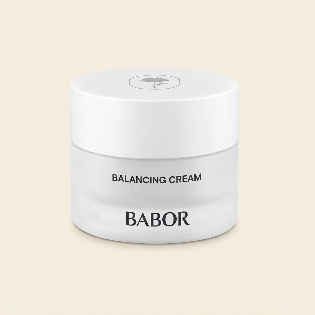 BABOR Balancing Cream in schlichtem, weißen Tiegel, ausgleichende Gesichtscreme für Mischhaut und ölige Haut, reguliert den Feuchtigkeitshaushalt und sorgt für ein klares, mattiertes Hautbild.