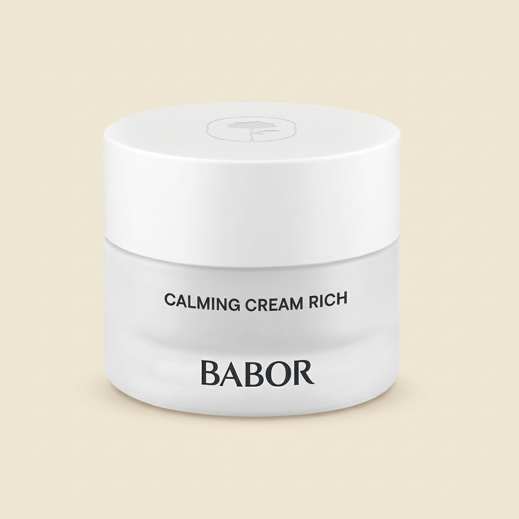 BABOR Calming Cream Rich in schlichtem, weißen Tiegel, reichhaltige beruhigende Gesichtscreme für trockene und empfindliche Haut, stärkt die Hautbarriere und sorgt für intensive Pflege und Entspannung der Haut.