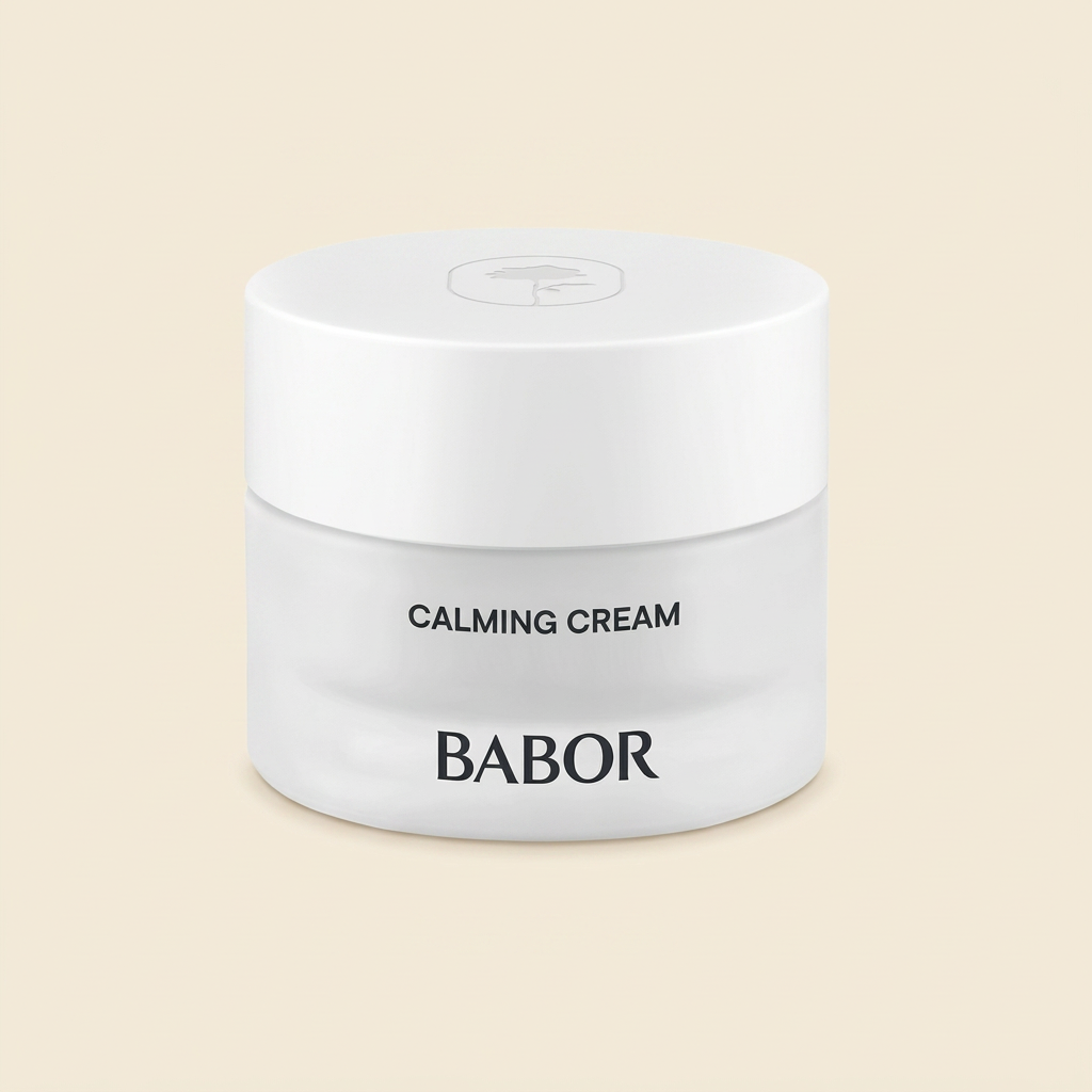 BABOR Calming Cream in schlichtem, weißen Tiegel, beruhigende Gesichtscreme für empfindliche Haut, reduziert Rötungen und sorgt für ein ausgeglichenes, entspanntes Hautgefühl.