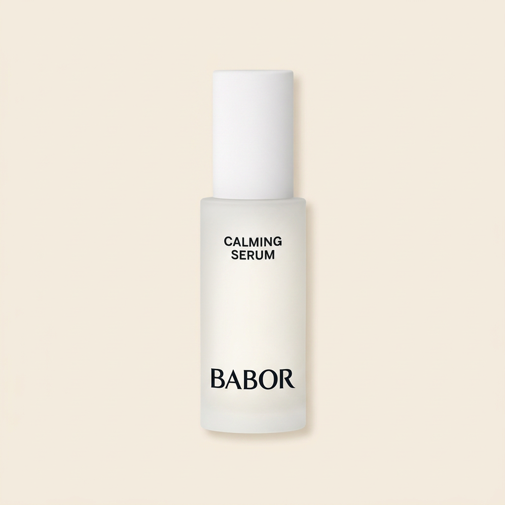 BABOR Calming Serum in minimalistischer, heller Flasche, beruhigendes Gesichtsserum für empfindliche Haut, reduziert Irritationen und sorgt für ein ausgeglichenes, entspanntes Hautbild.