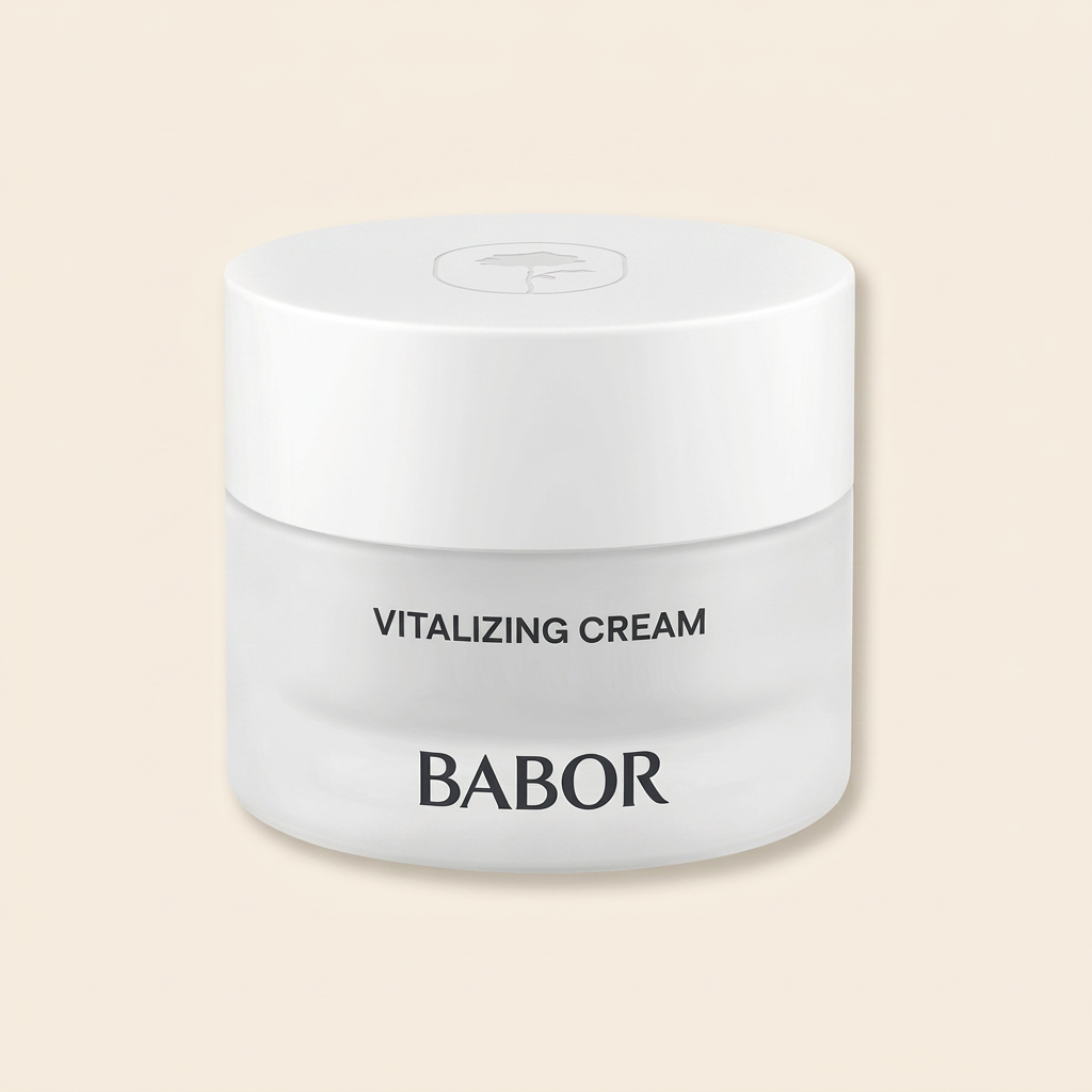 BABOR Vitalizing Cream in schlichtem, weißen Tiegel, revitalisierende Gesichtscreme für mehr Energie, Ausstrahlung und ein frisches, ebenmäßiges Hautbild.