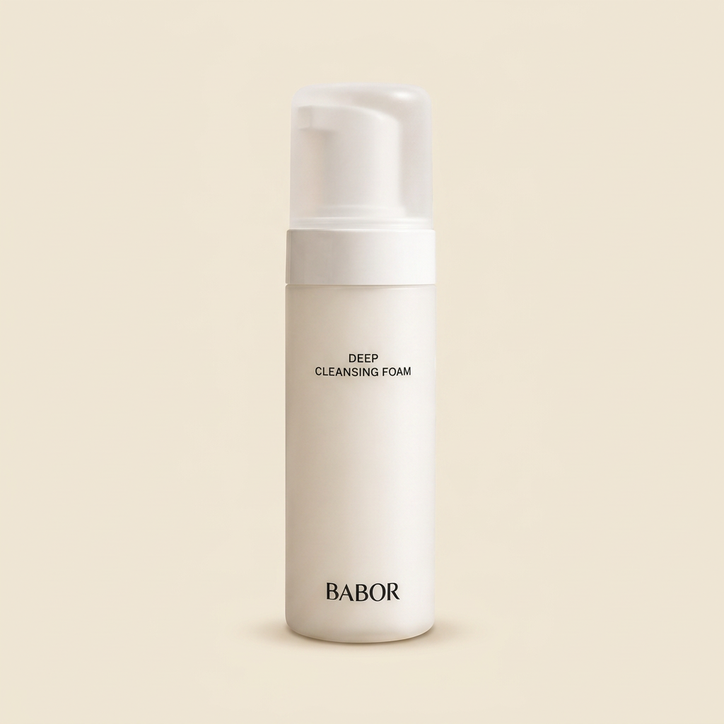 BABOR Deep Cleansing Foam in eleganter weißer Pumpflasche vor warmem Spa-Hintergrund mit Naturstein, sanften Beige- und Cremetönen, Kerze und grünen Blättern. Hochwertige Beauty-Produktinszenierung mit cleanem Luxus-Look und entspannender Wellness-Atmosphäre