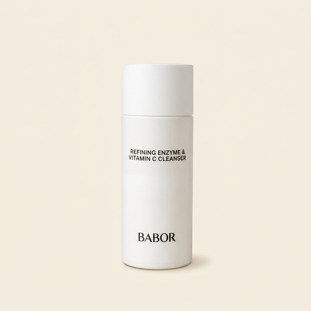 BABOR Refining Enzyme & Vitamin C Cleanser in eleganter weißer Verpackung vor modernem Spa-Hintergrund mit sanften Beige- und Cremetönen, Naturstein und stilvollen Wellness-Elementen. Hochwertige Beauty-Produktinszenierung mit cleanem Luxus-Look und entspannender Spa-Atmosphäre.