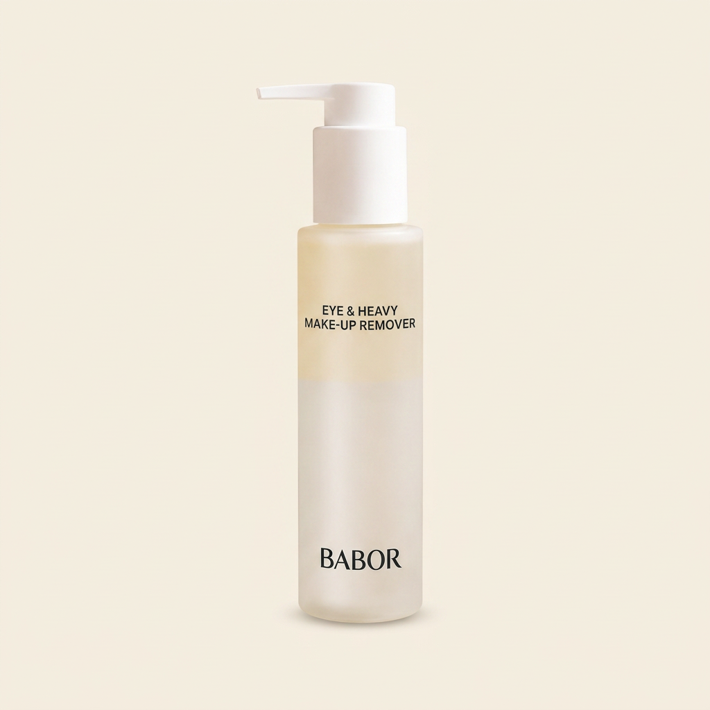 BABOR Eye & Heavy Make-Up Remover in eleganter Pumpflasche vor modernem Spa-Hintergrund mit warmen Beige- und Cremetönen, Naturstein und stilvollen Wellness-Elementen. Hochwertige Beauty-Produktinszenierung mit cleanem Luxus-Look und entspannender Spa-Atmosphäre