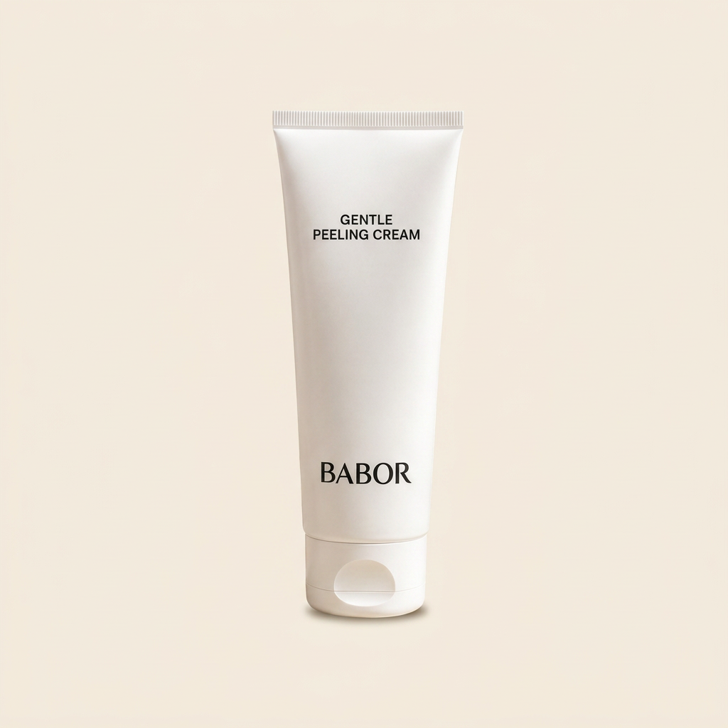 BABOR Gentle Peeling Cream in eleganter weißer Tube vor warmem Spa-Hintergrund mit Naturstein, sanften Beige- und Cremetönen, Kerze und grünen Blättern. Hochwertige Beauty-Produktinszenierung mit cleanem Luxus-Look und entspannender Wellness-Atmosphäre