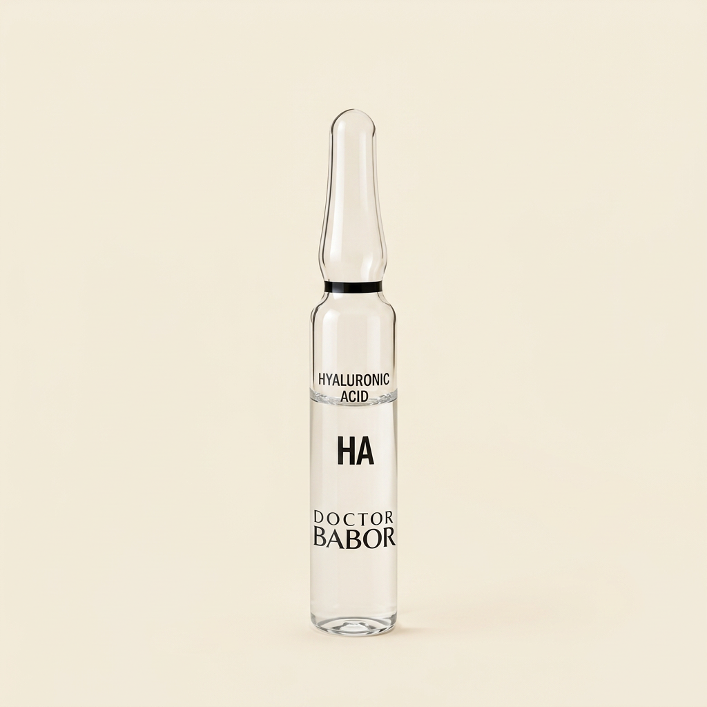 „DOCTOR BABOR Hyaluronic Acid Ampulle auf elegantem beigem Spa-Hintergrund – luxuriöse Wirkstoffampulle mit Hyaluronsäure zur intensiven Feuchtigkeitsversorgung und Unterstützung praller, glatter und strahlender Haut