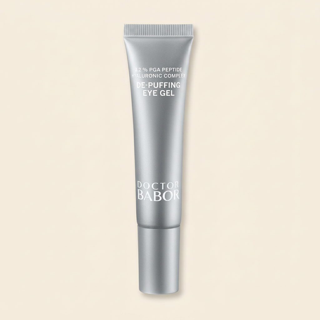 Doctor Babor De-Puffing Eye Gel mit PGA Peptide Hyaluronic Complex in silberner Tube, kühlendes Augenpflege-Gel gegen Schwellungen und Augenringe