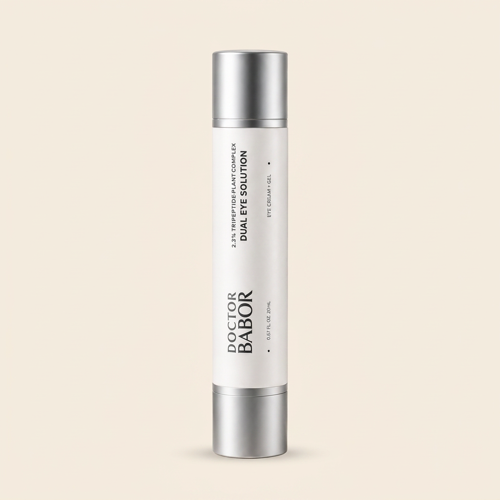 DOCTOR BABOR Dual Eye Solution Augenpflege mit modernem Luxus-Design auf elegantem beigem Hintergrund – hochwertige Anti-Aging Augencreme und Gel gegen Falten, Schwellungen und müde Augen.