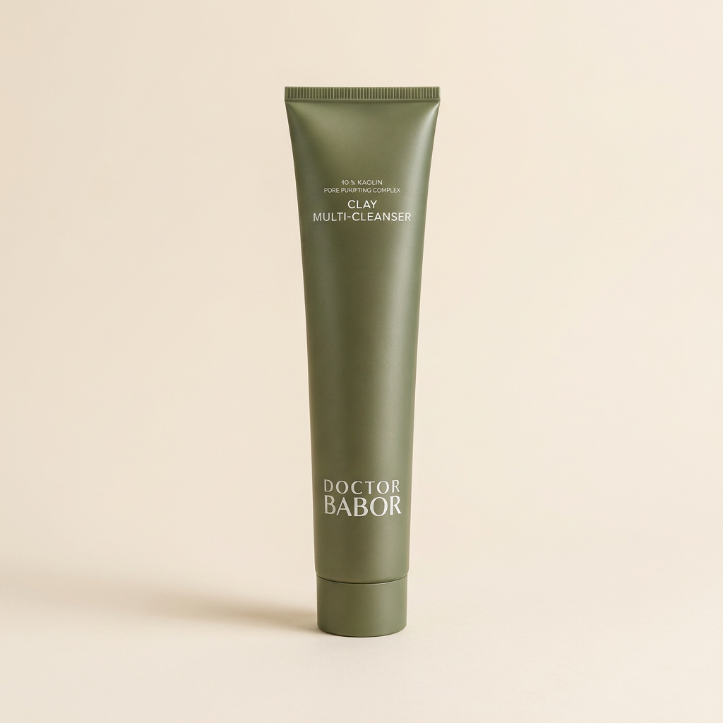 DOCTOR BABOR Clay Multi-Cleanser in eleganter grüner Tube vor modernem Spa-Hintergrund mit sanften Naturtönen, Naturstein und stilvollen Wellness-Elementen. Hochwertige Beauty-Produktinszenierung mit cleanem Luxus-Look und entspannender Spa-Atmosphäre.