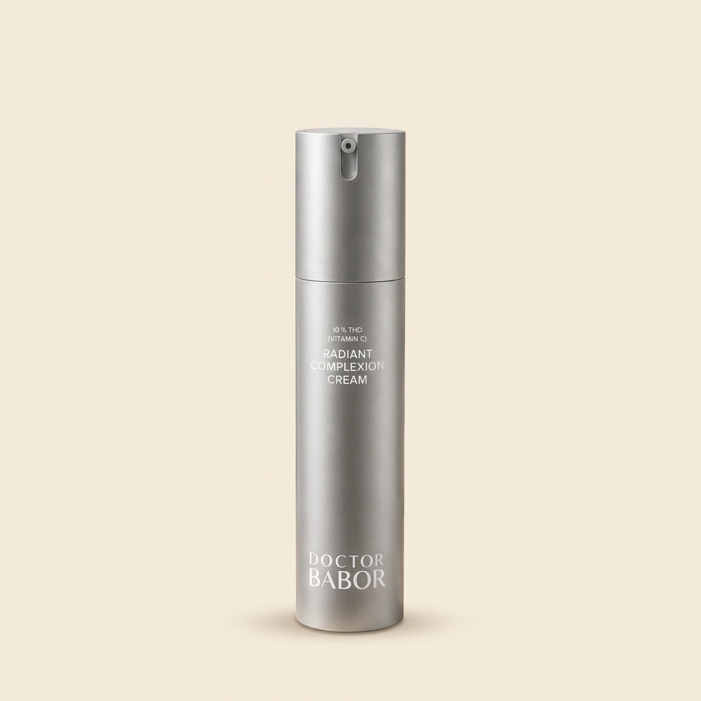 DOCTOR BABOR Radiant Complexion Cream mit Vitamin C auf elegantem beigem Spa-Hintergrund – luxuriöse Gesichtscreme zur Unterstützung eines strahlenden, ebenmäßigen und frisch wirkenden Hautbildes.