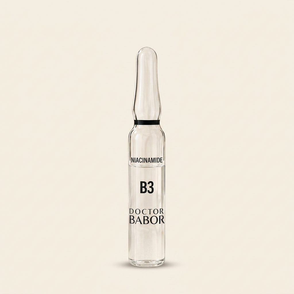 DOCTOR BABOR Niacinamide Ampulle auf elegantem beigem Spa-Hintergrund – luxuriöse Wirkstoffampulle mit Niacinamide zur Unterstützung verfeinerter Poren, eines ebenmäßigen Hautbildes und sichtbar glatterer Haut