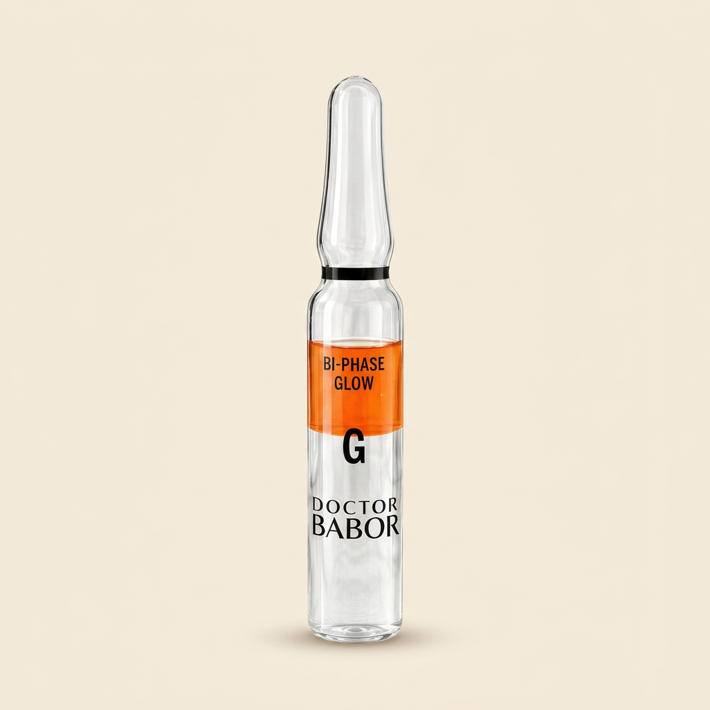 DOCTOR BABOR Bi-Phase Glow Ampulle auf elegantem beigem Spa-Hintergrund – luxuriöse Glow-Ampulle zur Unterstützung eines strahlenden, frischen und sichtbar revitalisierten Hautbildes