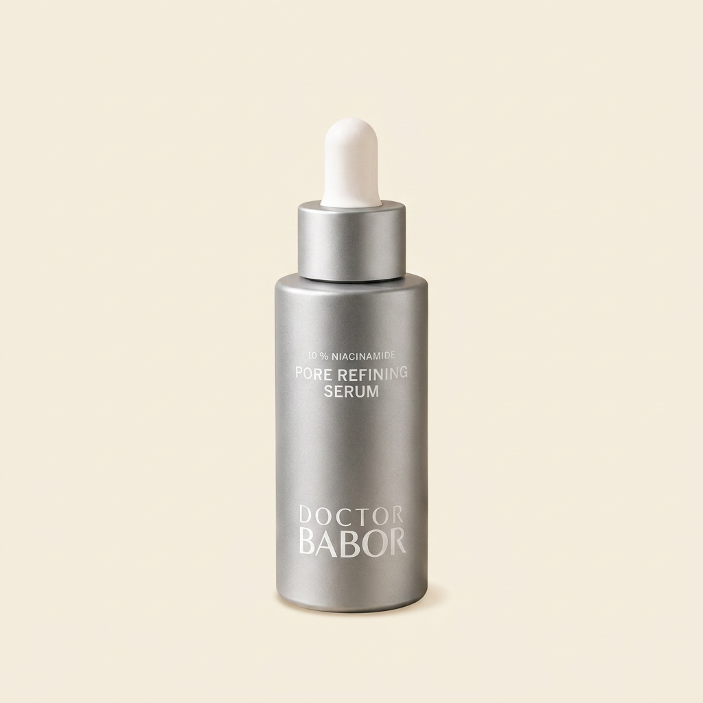 DOCTOR BABOR Pore Refining Serum mit Niacinamide auf elegantem beigem Spa-Hintergrund – luxuriöses Serum zur Unterstützung verfeinerter Poren, eines ebenmäßigen Hautbildes und sichtbar glatterer Haut.