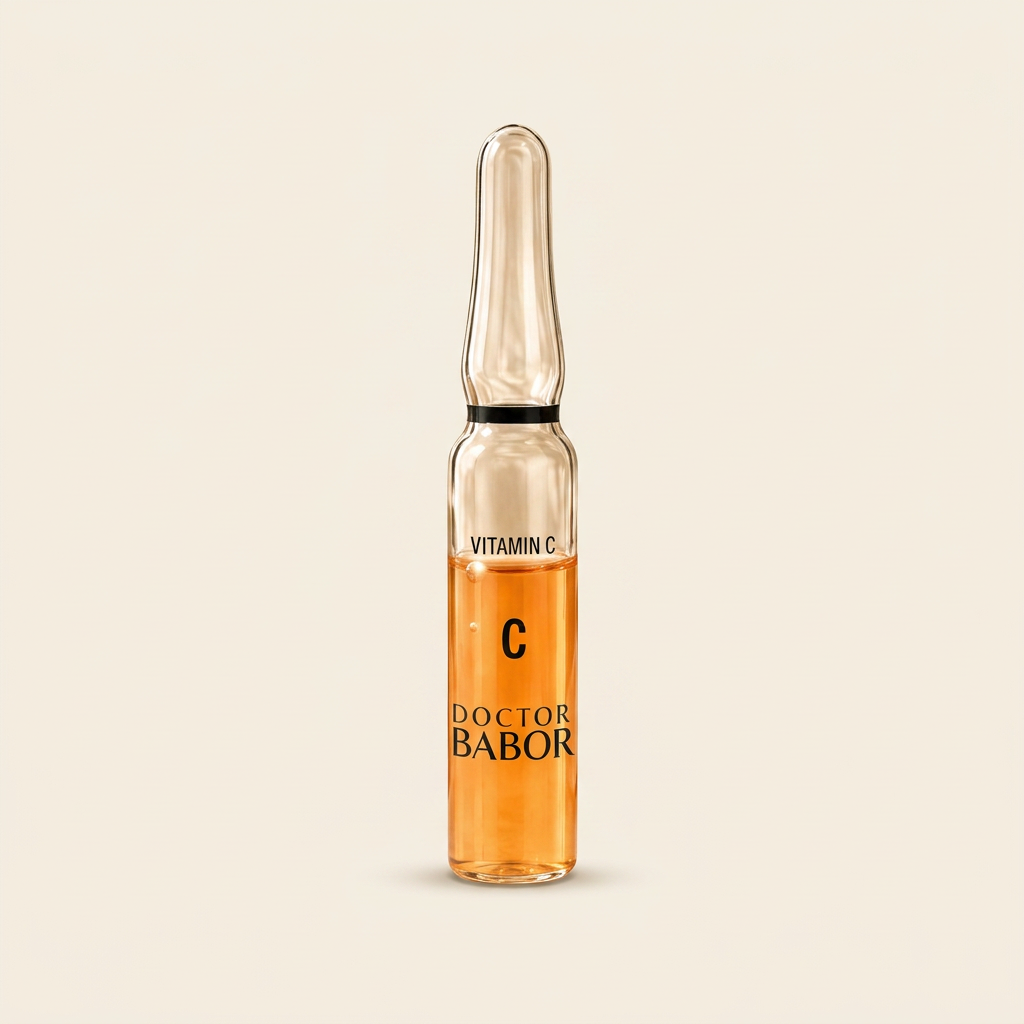 DOCTOR BABOR Vitamin C Ampulle auf elegantem beigem Spa-Hintergrund – luxuriöse Wirkstoffampulle mit Vitamin C zur Unterstützung eines strahlenden, ebenmäßigen und revitalisierten Hautbildes