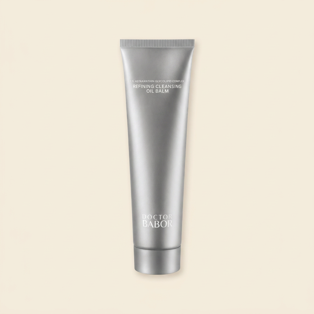 DOCTOR BABOR Refining Cleansing Oil Balm in eleganter silberner Tube vor hellem Spa-Hintergrund mit Naturstein, sanften Beige- und Cremetönen, Kerze und grünen Blättern. Hochwertige Beauty-Produktinszenierung mit modernem Clean-Luxury-Look und entspannender Wellness-Atmosphäre
