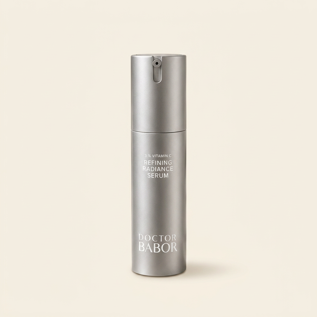 DOCTOR BABOR Refining Radiance Serum mit Vitamin C auf elegantem beigem Spa-Hintergrund – luxuriöses Serum zur Unterstützung eines ebenmäßigen, strahlenden und verfeinerten Hautbildes