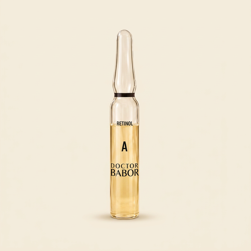 DOCTOR BABOR Retinol Ampulle auf elegantem beigem Spa-Hintergrund – luxuriöse Wirkstoffampulle mit Retinol zur Unterstützung der Hauterneuerung, eines glatteren Hautbildes und sichtbar verfeinerter Hautstruktur.