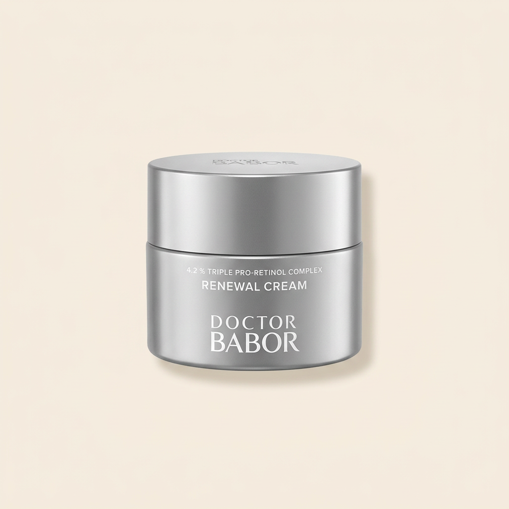 DOCTOR BABOR Renewal Cream mit Triple Pro-Retinol Complex auf elegantem beigem Spa-Hintergrund – luxuriöse Anti-Aging Gesichtscreme zur Unterstützung der Hauterneuerung, für ein glatteres, ebenmäßigeres und sichtbar verfeinertes Hautbild