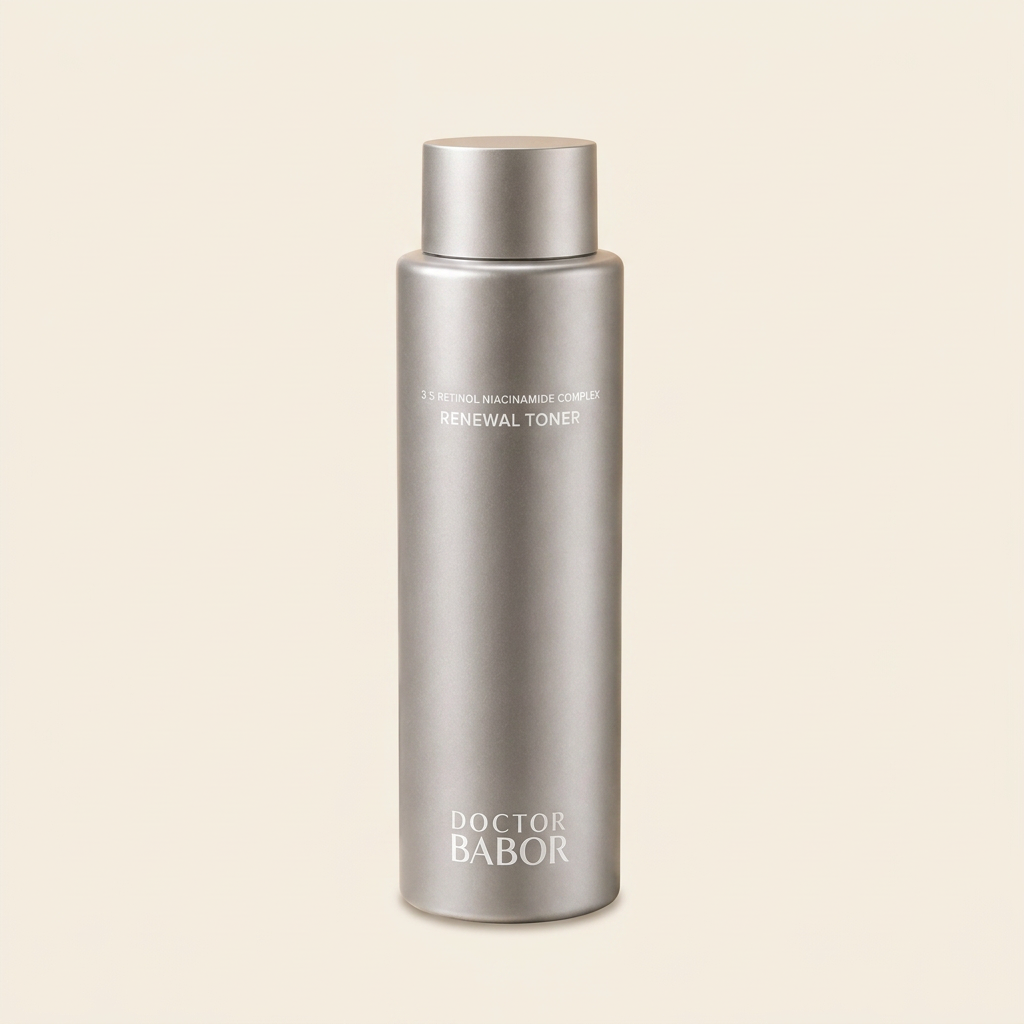 DOCTOR BABOR Renewal Toner mit Retinol-Niacinamide Complex auf elegantem beigem Spa-Hintergrund – luxuriöser Gesichtstoner zur Unterstützung eines verfeinerten, glatten und ebenmäßigen Hautbildes.“