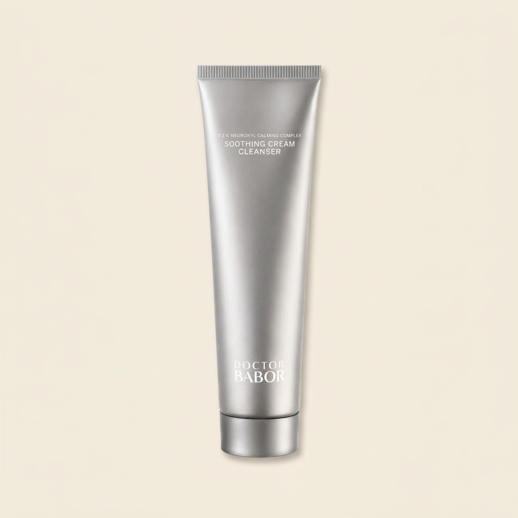 DOCTOR BABOR Soothing Cream Cleanser in silberner Tube vor modernem Spa-Hintergrund mit sanften Beige- und Naturtönen. Hochwertige Beauty-Produktinszenierung mit cleanem Luxus-Look, weichem Licht und entspannender Wellness-Atmosphäre