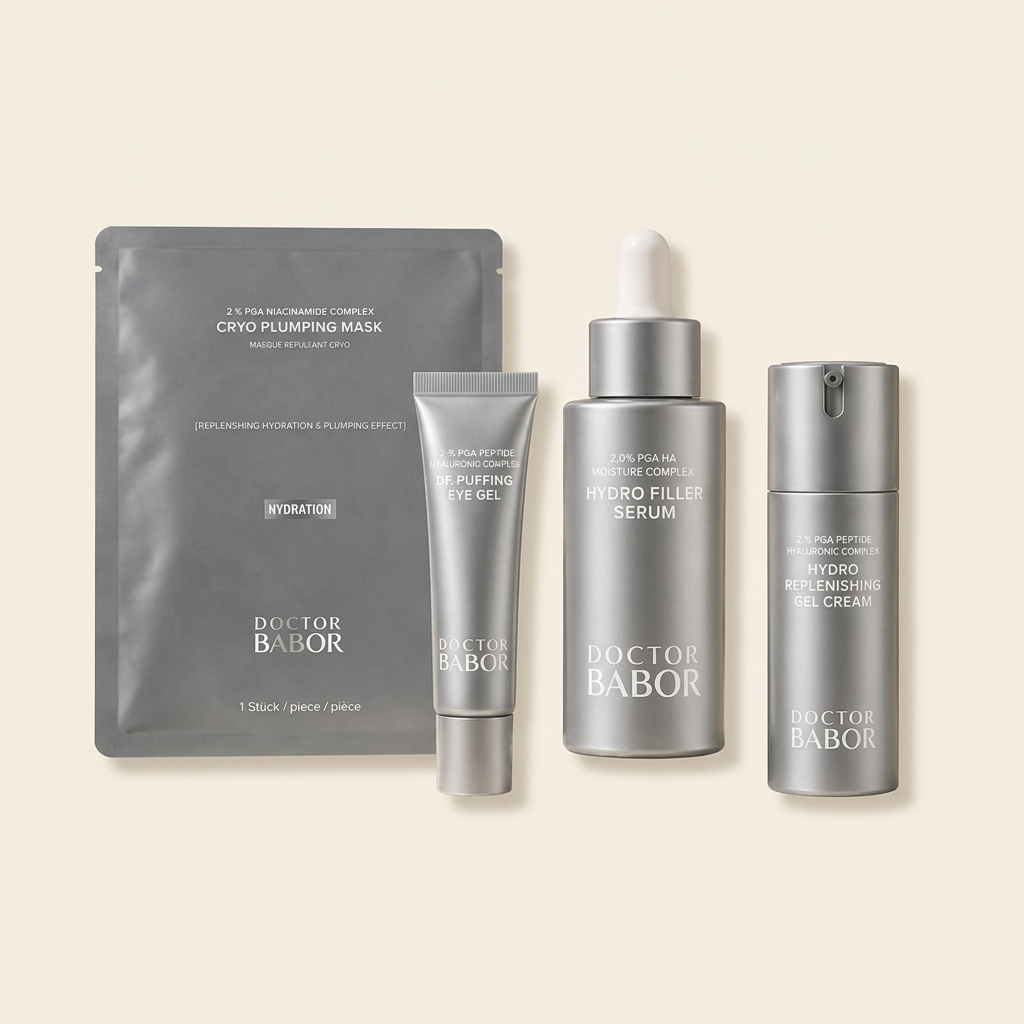 Set of Doctor Babor skincare products on a wooden surface with a natural background