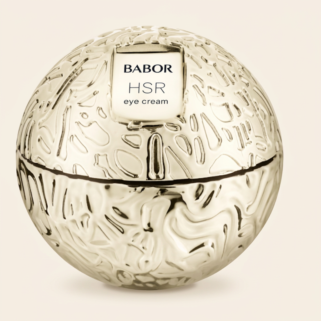 BABOR HSR Eye Cream in luxuriösem, kugelförmigem goldenen Tiegel mit strukturierter Oberfläche, hochwertige Anti-Aging Augencreme für eine glattere, straffere Augenpartie und sichtbar reduzierte Fältchen.