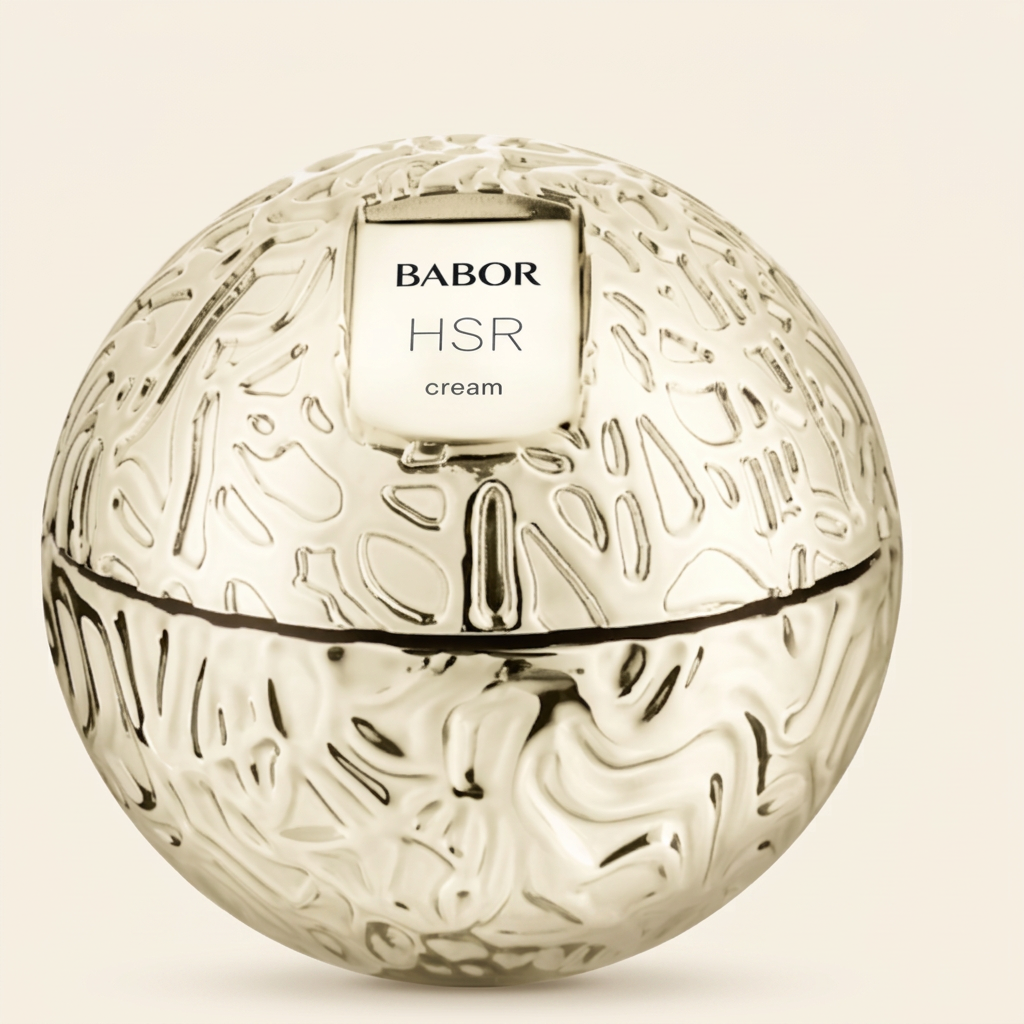 BABOR HSR Cream in luxuriösem, kugelförmigem goldenen Tiegel mit strukturierter Oberfläche, hochwertige Anti-Aging Gesichtscreme für straffere Haut und sichtbar reduzierte Falten.