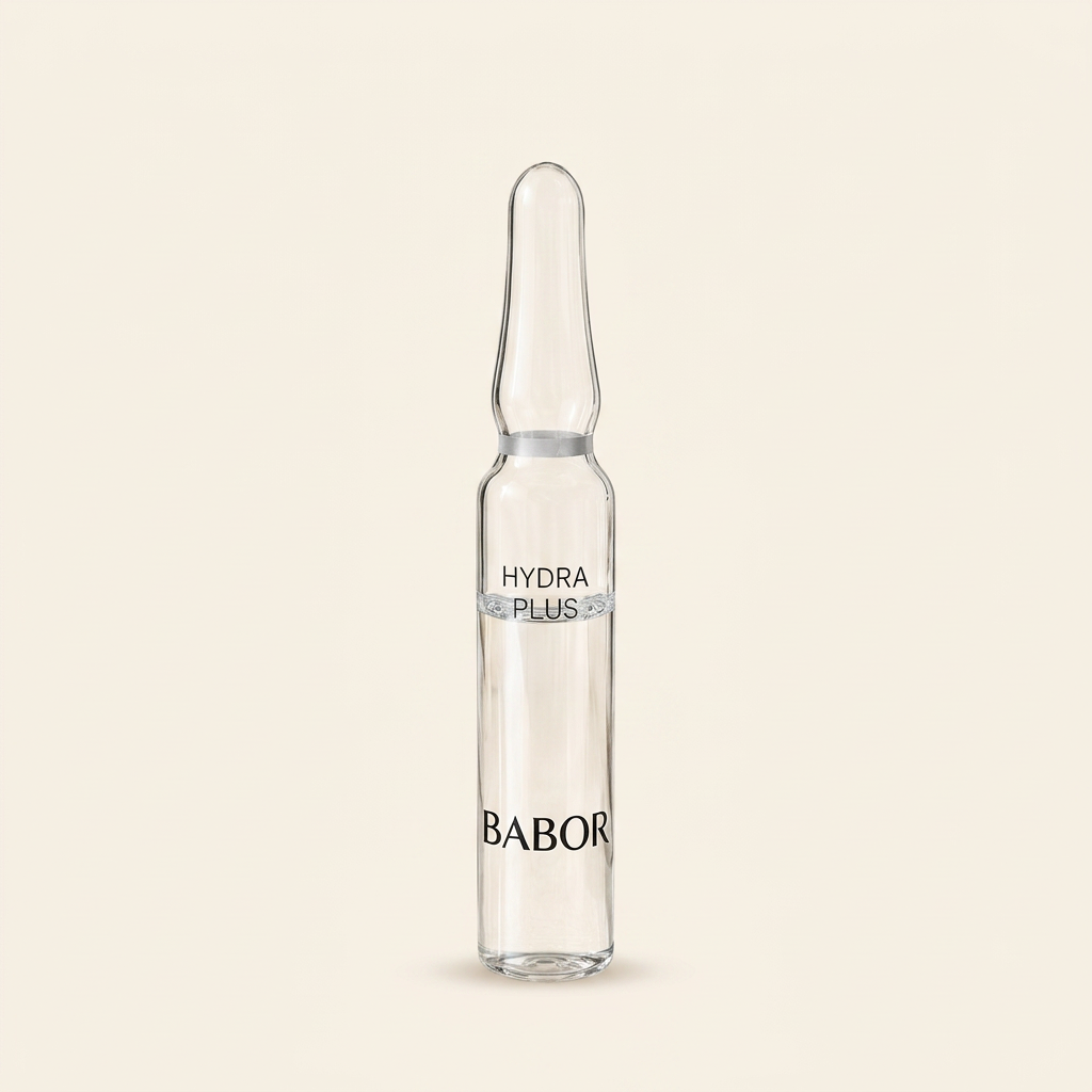 „BABOR Hydra Plus Ampulle auf elegantem beigem Spa-Hintergrund – luxuriöse Feuchtigkeitsampulle zur intensiven Hydration und Unterstützung praller, frischer und strahlender Haut.