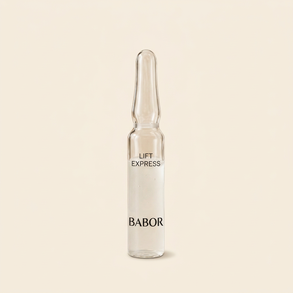 „BABOR Lift Express Ampulle auf elegantem beigem Spa-Hintergrund – luxuriöse Wirkstoffampulle für einen sofort glatteren, strafferen und frischeren Hauteindruck