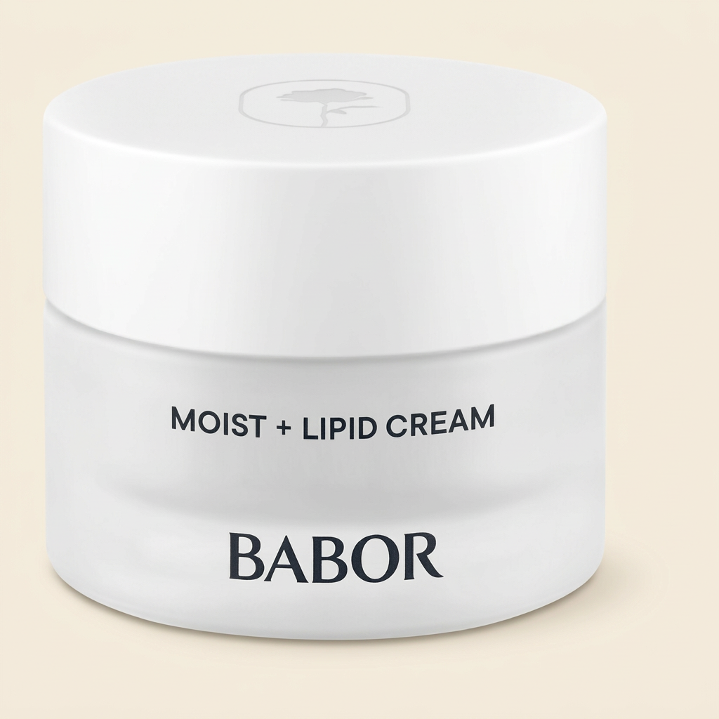 BABOR Moist + Lipid Cream in schlichtem, weißen Tiegel, reichhaltige Gesichtscreme für trockene Haut, stärkt die Hautbarriere und sorgt für intensive Pflege und ein geschmeidiges Hautgefühl.