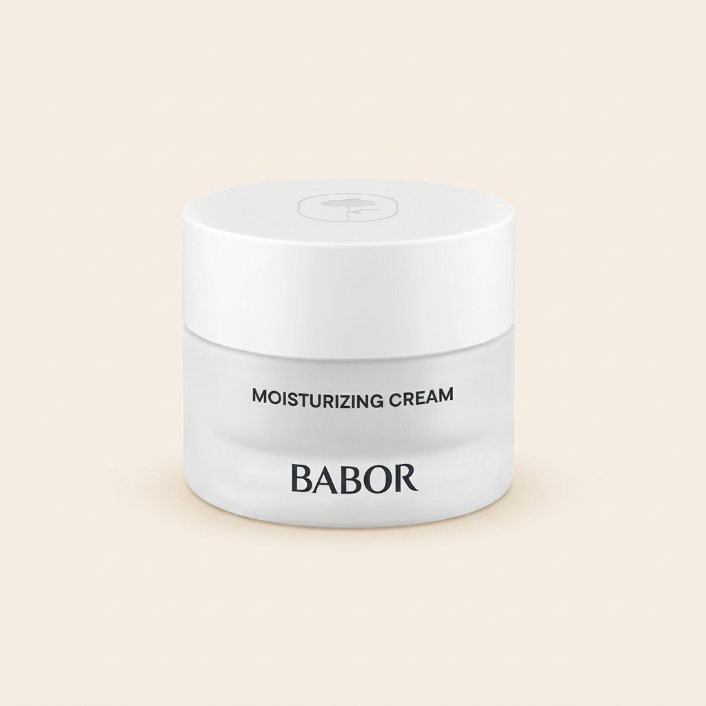 BABOR Moisturizing Cream in schlichtem, weißen Tiegel, feuchtigkeitsspendende Gesichtscreme für geschmeidige, hydratisierte Haut und ein gepflegtes, frisches Hautbild.