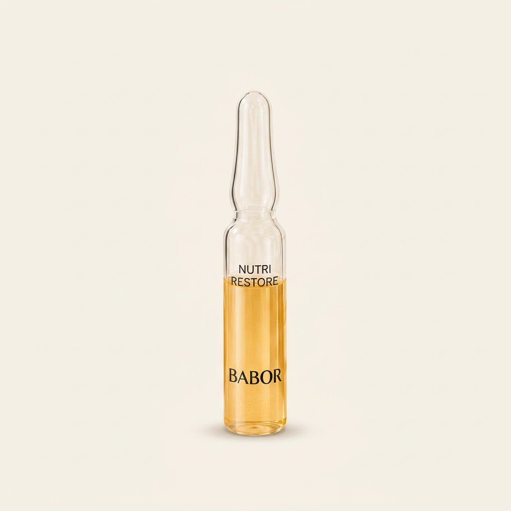 „BABOR Nutri Restore Ampulle auf elegantem beigem Spa-Hintergrund – luxuriöse Wirkstoffampulle zur intensiven Pflege, Regeneration und Unterstützung einer geschmeidigen, strahlenden Haut.
