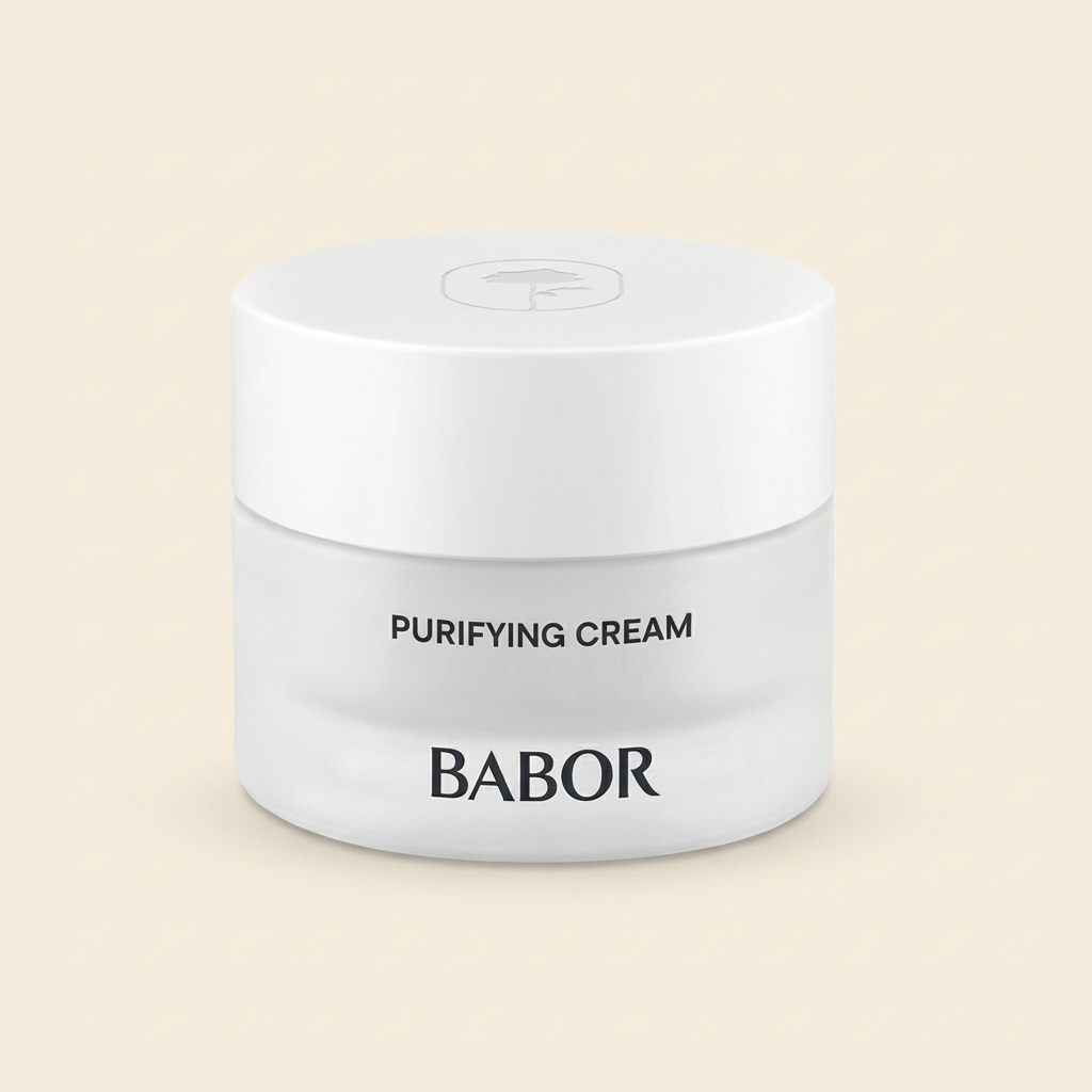 BABOR Purifying Cream in schlichtem, weißen Tiegel, klärende Gesichtscreme für unreine und ölige Haut, reduziert Unreinheiten und sorgt für ein mattiertes, verfeinertes Hautbild.