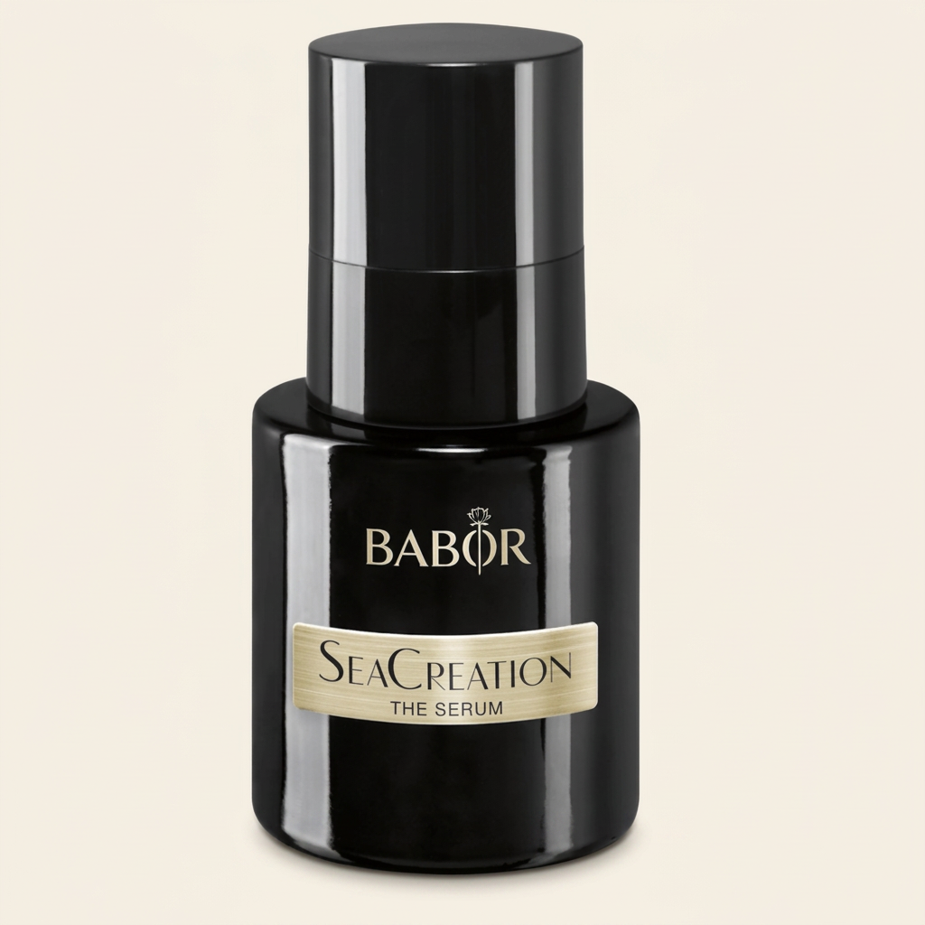BABOR SeaCreation The Serum in luxuriöser schwarzer Flasche mit Pumpspender und goldenem Label, hochwirksames Anti-Aging Serum für intensive Regeneration, glattere Haut und ein sichtbar verfeinertes Hautbild.